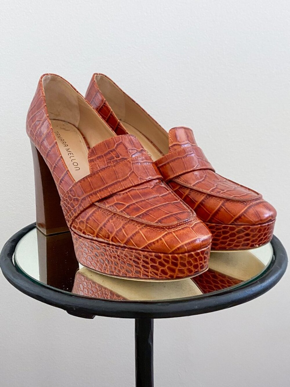 Tamara Mellon Vita Platform Loafers, Cognac Stamped